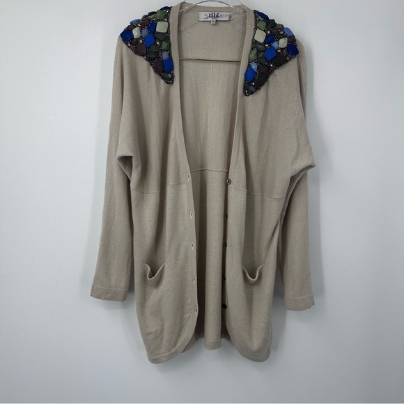 Tibi Cashmere Wool Cream Long Ling Cardigan Sweater Jeweled Shoulders XS | M107 - Picture 4 of 11
